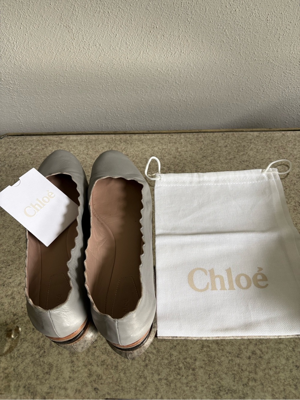 Chloe Light Gray Scalloped Leather Flats